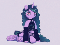 Size: 1801x1340 | Tagged: safe, artist:drafthoof, imported from derpibooru, izzy moonbow, pony, unicorn, female, fishnets, g5, goth, goth izzy, lying down, mare, mascara, on side, simple background, solo