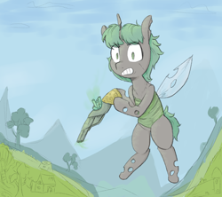 Size: 944x840 | Tagged: safe, artist:cherro, imported from derpibooru, oc, oc only, oc:fruit flank, changeling, green changeling, gun, solo, tree, weapon