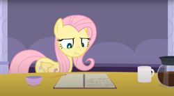 Size: 1677x929 | Tagged: safe, artist:agrol, imported from derpibooru, fluttershy, pegasus, pony, :t, coffee, coffee mug, female, fluttershy is not amused, mare, mug, solo, tales of adventurers, unamused, youtube link