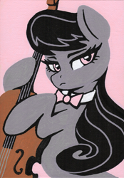 Size: 1455x2088 | Tagged: safe, artist:dandy, imported from derpibooru, octavia melody, earth pony, pony, acrylic painting, bowtie, cello, female, looking at you, musical instrument, solo, traditional art
