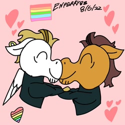 Size: 2000x1995 | Tagged: safe, artist:enperry88, imported from derpibooru, brickhouse, bulk biceps, earth pony, pegasus, pony, black shirt, boop, bulkton, clothes, duo, duo male, ear piercing, earring, facial markings, floppy ears, gay, gay couple, gay marriage, gay pride, gay pride flag, happy, heart, holding each other, holding hooves, jewelry, long sleeved shirt, long sleeves, looking at each other, looking at someone, love, male, muscle pony, noseboop, nuzzling, piercing, pink background, pride, pride flag, shipping, shirt, simple background, smiling, smiling at each other, stallion, stallion on stallion