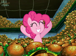 Size: 948x697 | Tagged: safe, artist:loladreamteam, imported from derpibooru, pinkie pie, earth pony, burger, cheeseburger, female, food, hamburger, happy, just one bite, krabby patties, mare, reference, solo, spongebob squarepants