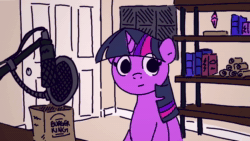 Size: 1280x720 | Tagged: safe, artist:thefloatingtree, imported from derpibooru, twilight sparkle, pony, unicorn, animated, burger, dialogue, food, hamburger, hay burger, jerma985, looking at you, microphone, solo, sound, that pony sure does love burgers, twilight burgkle, webm