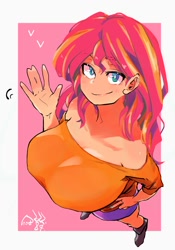 Size: 1400x2000 | Tagged: safe, artist:sozglitch, imported from derpibooru, sunset shimmer, human, big breasts, blushing, boots, breasts, busty sunset shimmer, clothes, female, huge breasts, humanized, looking at you, looking up, looking up at you, shoes, skirt, smiling, solo, waving