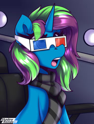 Size: 1200x1575 | Tagged: safe, artist:shadowreindeer, imported from derpibooru, oc, oc only, oc:shimo, pony, unicorn, 3d glasses, clothes, commission, horn, scarf, solo, striped scarf, unicorn oc