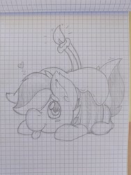 Size: 1536x2048 | Tagged: safe, artist:splitterpic, imported from derpibooru, oc, oc only, oc:moonlight thunder, bat pony, pony, :p, bat pony oc, birthday cake, cake, candle, fire, food, graph paper, looking at you, lying down, pencil drawing, sketch, solo, tongue out, traditional art