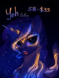 Size: 2600x3400 | Tagged: safe, artist:anku, imported from derpibooru, princess luna, pony, auction open, commission, female, fluorescent, glowing, glowing horn, horn, open mouth, simple background, solo, ych example, ych sketch, your character here