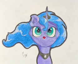 Size: 1553x1273 | Tagged: safe, artist:engi, imported from derpibooru, princess luna, alicorn, pony, crown, ethereal mane, female, flowing mane, jewelry, open mouth, regalia, simple background, solo, starry mane, traditional art, watercolor painting