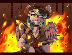 Size: 2600x2000 | Tagged: safe, artist:freak-side, imported from derpibooru, oc, oc only, oc:siriusnavigator, pegasus, semi-anthro, eye clipping through hair, eyebrows, eyebrows visible through hair, fire, grin, gun, lidded eyes, looking at you, shotgun, smiling, solo, spread wings, weapon, wings