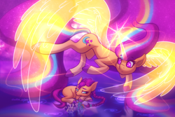 Size: 6000x4000 | Tagged: safe, artist:shad0w-galaxy, imported from derpibooru, rainbow dash, rarity, sunny starscout, alicorn, earth pony, pegasus, pony, unicorn, absurd resolution, concave belly, ethereal mane, ethereal wings, female, flying, g5, horn, large wings, magic, mare, my little pony: a new generation, pink eyes, race swap, signature, slim, starry eyes, starry mane, sunnycorn, thin, transparent horn, transparent wings, wingding eyes, wings