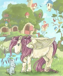 Size: 1127x1370 | Tagged: safe, artist:tamagachi-chan, imported from derpibooru, angel bunny, fluttershy, pony, rabbit, animal, fluttershy's cottage, hoers, realistic, unshorn fetlocks