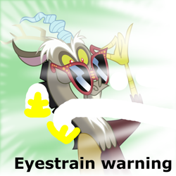 Size: 1024x1024 | Tagged: safe, edit, imported from derpibooru, discord, princess celestia, alicorn, draconequus, pony, derpibooru, 1000 hours in ms paint, eyestrain warning, hoof hold, hoof shoes, hooves, meta, spoilered image joke, sunglasses