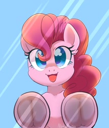 Size: 1024x1200 | Tagged: safe, artist:yukkuri_yu_yu, imported from derpibooru, pinkie pie, earth pony, pony, breaking the fourth wall, eye clipping through hair, female, fourth wall, frog (hoof), glass, hoofbutt, looking at you, mare, open mouth, open smile, smiling, smiling at you, solo, underhoof