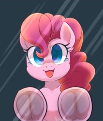 Size: 1763x2066 | Tagged: safe, alternate version, artist:yukkuri_yu_yu, imported from derpibooru, pinkie pie, earth pony, pony, breaking the fourth wall, eye clipping through hair, female, fourth wall, frog (hoof), glass, hoofbutt, looking at you, mare, open mouth, open smile, smiling, smiling at you, solo, underhoof