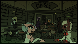 Size: 3245x1849 | Tagged: safe, artist:fenixdust, imported from derpibooru, oc, oc only, oc:lucky stars, earth pony, pony, unicorn, fallout equestria, alcohol, clothes, saloon