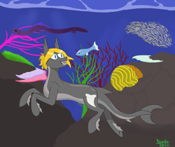 Size: 3100x2600 | Tagged: safe, artist:nyada, imported from derpibooru, oc, oc only, earth pony, fish, original species, pony, shark, shark pony, innocent, ocean, simple background, solo, underwater, water