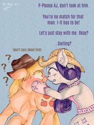 Size: 715x953 | Tagged: safe, artist:reyam, imported from derpibooru, applejack, rarity, earth pony, pony, unicorn, simple ways, applejack's hat, blue background, blushing, clothes, cowboy hat, dialogue, ear fluff, eye clipping through hair, female, floppy ears, hat, implied trenderhoof, lesbian, looking at each other, looking at someone, mare, question mark, rarijack, rhinestone rarihick, shipping, simple background, sweat