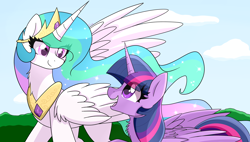 Size: 6324x3584 | Tagged: safe, artist:enviaart, imported from derpibooru, princess celestia, twilight sparkle, alicorn, pony, absurd resolution, chest fluff, duo, eye clipping through hair, eye contact, female, folded wings, looking at each other, looking at someone, mare, open mouth, smiling, twilight sparkle (alicorn), wings