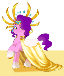 Size: 2762x3311 | Tagged: safe, artist:aztrial, imported from derpibooru, pipp petals, pegasus, pony, spoiler:g5, spoiler:my little pony: tell your tale, spoiler:tyts01e21, clothes, crown, dress, female, g5, hair over one eye, headdress, jewelry, mare, my bananas, my little pony: tell your tale, raised hoof, regalia, scene interpretation, smiling, solo, unshorn fetlocks