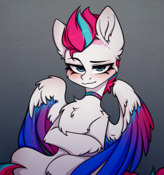 Size: 3690x3945 | Tagged: safe, artist:kutoshi, imported from derpibooru, zipp storm, pegasus, pony, belly, chest fluff, choker, concave belly, female, g5, hoof on belly, looking at you, mare, partially open wings, sitting, slim, solo, thin, wings