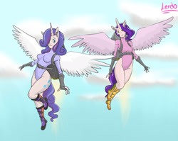 Size: 1280x1017 | Tagged: safe, artist:kkkatriel, imported from derpibooru, pipp petals, rarity, alicorn, anthro, human, alicornified, clothes, g5, horn, horned humanization, humanized, jetpack, leotard, pippcorn, race swap, raricorn, winged humanization, wings