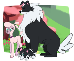 Size: 1384x1146 | Tagged: safe, artist:nonameorous, artist:uselessgarbage, imported from derpibooru, dog, lamb, sheep, them's fightin' herds, big mama, community related, female, frown, pom (tfh), puppy, trio