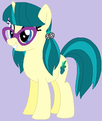 Size: 318x377 | Tagged: safe, artist:jadeharmony, artist:mak2020, imported from derpibooru, juniper montage, pony, unicorn, base used, equestria girls ponified, female, glasses, gray background, grin, mare, ponified, race swap, simple background, smiling, solo