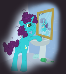 Size: 1449x1638 | Tagged: safe, artist:vitriolink, imported from derpibooru, oc, oc:vitriol ink, unicorn, crying, diaper, featureless crotch, female, filly, foal, reflection