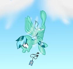 Size: 1500x1417 | Tagged: safe, artist:notadeliciouspotato, imported from derpibooru, oc, oc only, oc:wavewind, pegasus, pony, cloud, earbuds, flying, frown, male, mp3 player, open mouth, solo, spread wings, stallion, wings