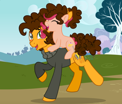 Size: 4746x4072 | Tagged: safe, artist:cheekycheesefan101, imported from derpibooru, cheese sandwich, oc, oc:strawberry cheese, pony, absurd resolution, father and child, father and daughter, female, filly, foal, male, oc riding cheese sandwich, offspring, parent:cheese sandwich, parent:pinkie pie, parents:cheesepie, ponies riding ponies, riding