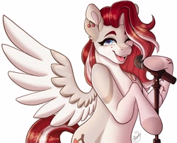 Size: 2600x2103 | Tagged: safe, artist:mxiiisy, imported from derpibooru, part of a set, oc, oc only, oc:cherry heart, pegasus, pony, blue eyes, body markings, colored wings, ear piercing, earring, female, freckles, halfbody, hooves, jewelry, long mane, mare, microphone, microphone stand, one eye closed, open mouth, piercing, red hair, red mane, red tail, simple background, singing, smiling, solo, spread wings, tail, tan coat, teeth, two toned coat, two toned mane, two toned tail, two toned wings, wavy mane, wavy tail, white background, wings, wink