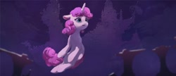 Size: 1200x519 | Tagged: safe, artist:inkhooves, imported from derpibooru, sweetie belle, pony, unicorn, canterlot castle, female, filly, floating, floppy ears, foal, night, scenery, smiling, solo