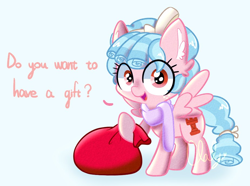 Size: 926x690 | Tagged: safe, artist:clouly, imported from derpibooru, cozy glow, pegasus, pony, christmas, clothes, cozybetes, cute, ear fluff, female, filly, foal, holiday, it's a trap, looking at you, not evil, open mouth, open smile, sack, scarf, simple background, smiling, solo, spread wings, talking to viewer, white background, wings