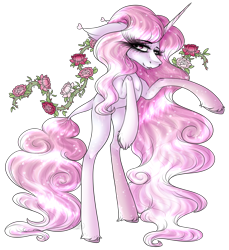 Size: 3445x3763 | Tagged: safe, artist:beamybutt, imported from derpibooru, oc, oc only, pony, unicorn, ear fluff, eye clipping through hair, eyelashes, flower, horn, long eyelashes, long mane, rearing, rose, simple background, solo, transparent background, unicorn oc, unshorn fetlocks