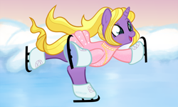 Size: 2192x1312 | Tagged: safe, artist:kiulip, imported from derpibooru, oc, oc only, pony, unicorn, blushing, clothes, commission, ice, ice skates, ice skating, open mouth, open smile, outdoors, smiling, snow, solo, standing on one leg
