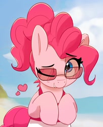 Size: 2553x3140 | Tagged: safe, artist:pabbley, imported from derpibooru, pinkie pie, earth pony, pony, alternate hairstyle, beach, clothes, cute, diapinkes, female, floating heart, grin, heart, high res, looking at you, mare, one eye closed, one-piece swimsuit, ponytail, smiling, smiling at you, solo, sunglasses, swimsuit, wink, winking at you