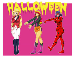 Size: 4224x3313 | Tagged: safe, artist:dlobo777, imported from derpibooru, sunset shimmer, human, equestria girls, blank eyes, boots, clothes, costume, crossover, female, horseland, ladybug (miraculous ladybug), marinette dupain-cheng, mask, mind control, miraculous ladybug, pants, sarah whitney, shoes, shorts, torn clothes