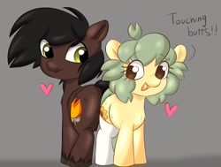 Size: 2189x1655 | Tagged: safe, artist:mushy, imported from derpibooru, oc, oc only, oc:pea, earth pony, pony, butt to butt, butt touch, butts, clothes, colt, duo, earth pony oc, eyelashes, female, filly, filly on colt, foal, gray background, heart, looking at each other, looking at someone, male, no eyelashes, oc name needed, oc x oc, pony oc, redraw, shipping, simple background, socks, stallion, straight, thigh highs