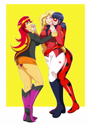 Size: 3260x4581 | Tagged: safe, artist:dlobo777, imported from derpibooru, sunset shimmer, human, equestria girls, abstract background, ass, blank eyes, boots, butt, clothes, female, horseland, ladybug (miraculous ladybug), licking cheeks, marinette dupain-cheng, mind control, miraculous ladybug, open mouth, restrained, sarah whitney, shoes, shorts, swirly eyes, tongue out, torn clothes