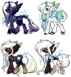 Size: 939x1016 | Tagged: safe, artist:beamybutt, imported from derpibooru, oc, oc only, alicorn, pegasus, pony, unicorn, alicorn oc, choker, ear fluff, eyelashes, female, fishnets, horn, male, mare, pegasus oc, simple background, stallion, transparent background, unicorn oc, wings