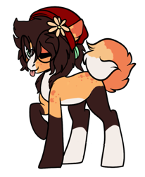Size: 585x711 | Tagged: safe, imported from derpibooru, oc, oc only, earth pony, pony, :p, beanie, coat markings, earth pony oc, eyelashes, female, flower, flower in hair, hat, mare, simple background, socks (coat markings), tongue out, transparent background