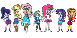 Size: 1800x900 | Tagged: safe, artist:fuckomcfuck, imported from derpibooru, applejack, fluttershy, pinkie pie, rainbow dash, rarity, sci-twi, sunset shimmer, twilight sparkle, human, equestria girls, colored, female, full body, height difference, humane five, humane seven, humane six, reference sheet, simple background, sketch, smoldash, tallershy, white background