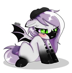 Size: 889x899 | Tagged: safe, artist:alroura, imported from derpibooru, oc, oc only, bat pony, pony, bat pony oc, bat wings, beret, blushing, cute, female, hat, mare, signature, simple background, solo, white background, wings