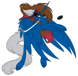 Size: 3294x3218 | Tagged: safe, artist:beamybutt, imported from derpibooru, oc, oc only, alicorn, pony, alicorn oc, colored hooves, ear fluff, eyelashes, female, grin, hockey, hockey stick, horn, mare, mouth hold, simple background, smiling, sports, transparent background, wings