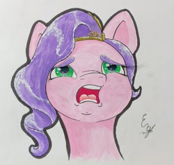 Size: 1690x1599 | Tagged: safe, artist:engi, imported from derpibooru, pipp petals, pegasus, pony, crown, eyebrows, female, g5, jewelry, open mouth, regalia, sad, simple background, solo, traditional art, watercolor painting