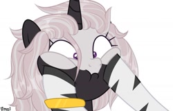 Size: 1280x819 | Tagged: safe, artist:hoochuu, imported from derpibooru, oc, oc only, oc:s.leech, pony, unicorn, base used, bracelet, cheek squish, commission, eyelashes, female, horn, jewelry, mare, offscreen character, pov, simple background, smiling, squishy cheeks, unicorn oc, white background, ych result