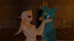 Size: 1920x1080 | Tagged: safe, artist:ponygamer2020, imported from derpibooru, gallus, anthro, avian, bird, demon, griffon, 3d, avian demon, bird demon, clothes, crossover, crossover shipping, crown, cute, dialogue, dialogue in the description, dress, female, friendship, furry, gallus is not amused, helluva boss, holding, implied hugging, implied stolas, infidelity, jewelry, looking at each other, looking at someone, male, out of character, regalia, revamped anthros, shipping, smiling, source filmmaker, stella (helluva boss), stellus, straight, unamused