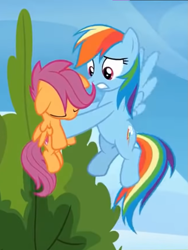 Size: 647x862 | Tagged: safe, imported from derpibooru, screencap, rainbow dash, scootaloo, pegasus, pony, season 8, the washouts (episode), spoiler:s08, duo, eyes closed, female, flying, holding a pony, knocked out, mare, multicolored hair, pink mane, pink tail, rainbow hair, rainbow tail, tail, worried