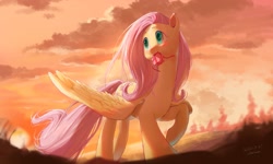 Size: 2048x1228 | Tagged: safe, artist:ahchun, fluttershy, pegasus, pony, female, gift box, mare, mouth hold, present, raised hoof, spread wings, wings