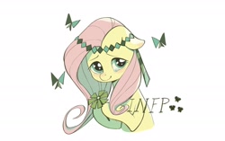 Size: 2048x1286 | Tagged: safe, artist:ahchun, fluttershy, butterfly, pony, blushing, crying, female, flower, happy, mare, simple background, smiling, tears of joy, white background